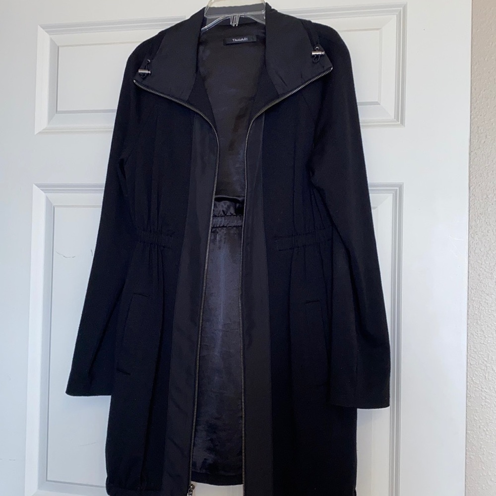 Tahari long jacket with elastic waist zip front